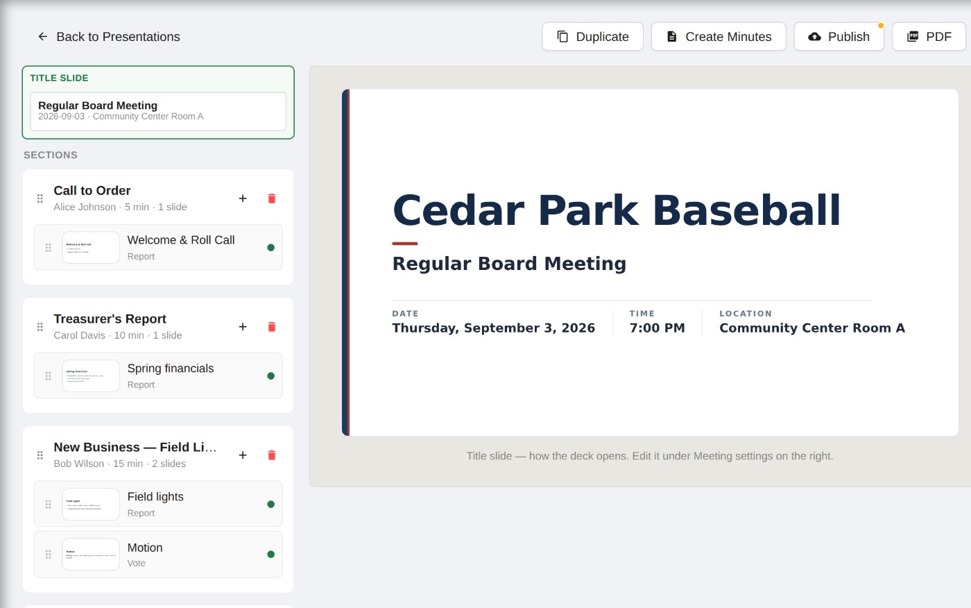 The agenda builder: meeting sections with owners and timings on the left, a live slide preview in the middle, and meeting settings on the right.