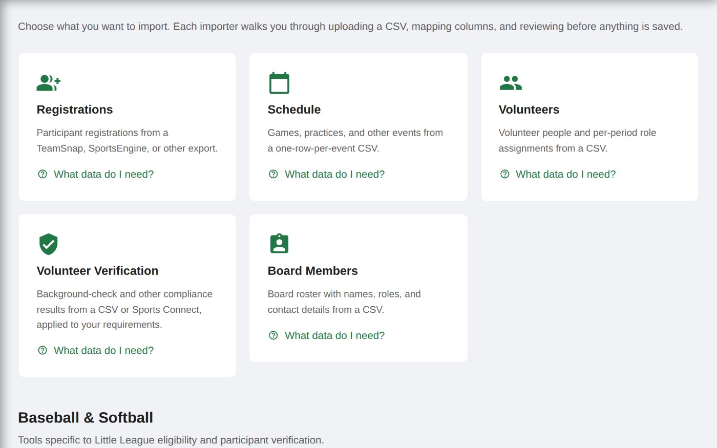 The StrataLeague import hub: pick an importer for registrations, schedule, volunteers, verification, or board members, each with a guided CSV walkthrough.