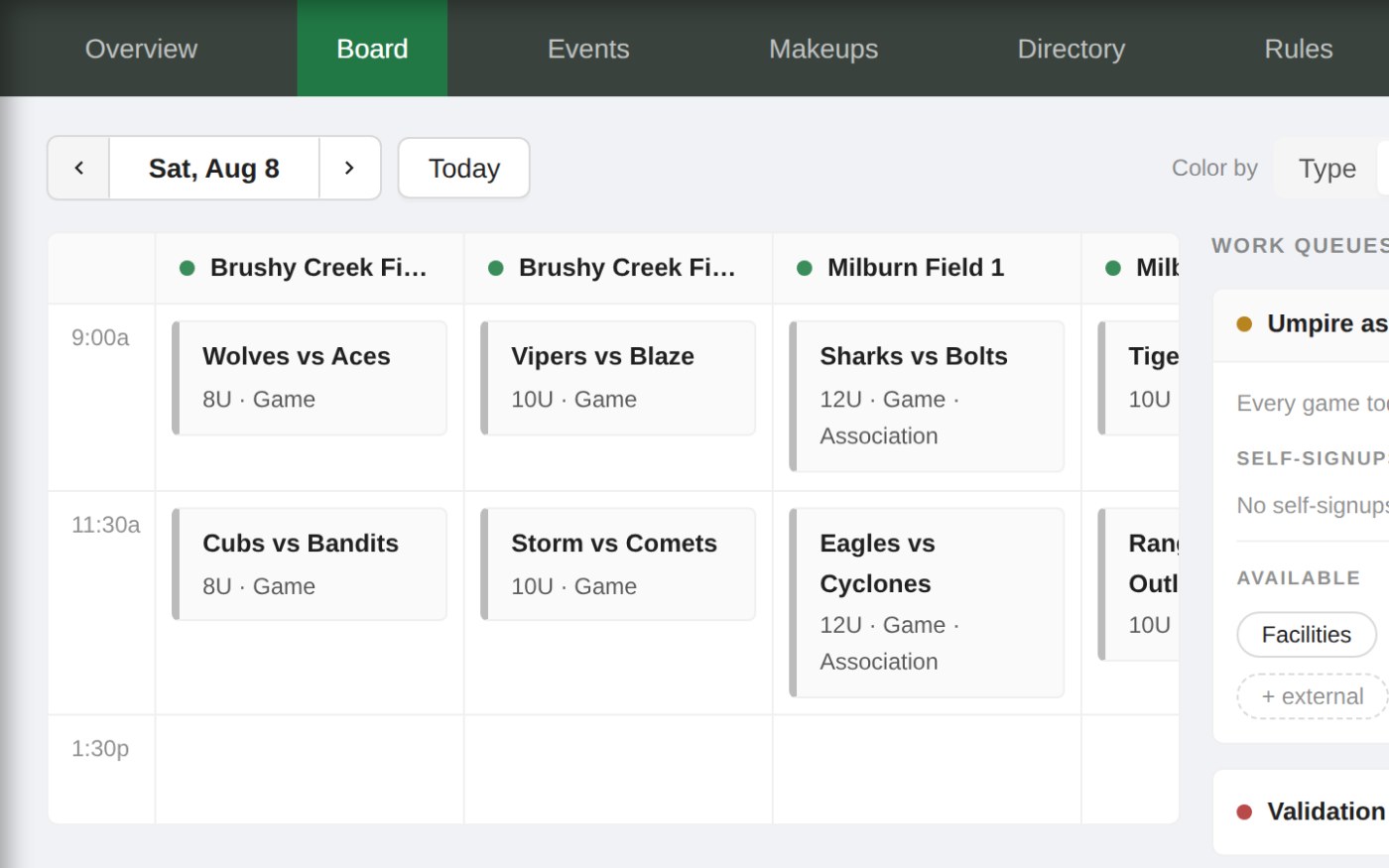 The League Scheduling board: every event for one day laid out by field and start time, with work queues for umpire assignments, validation conflicts, and field closures alongside.